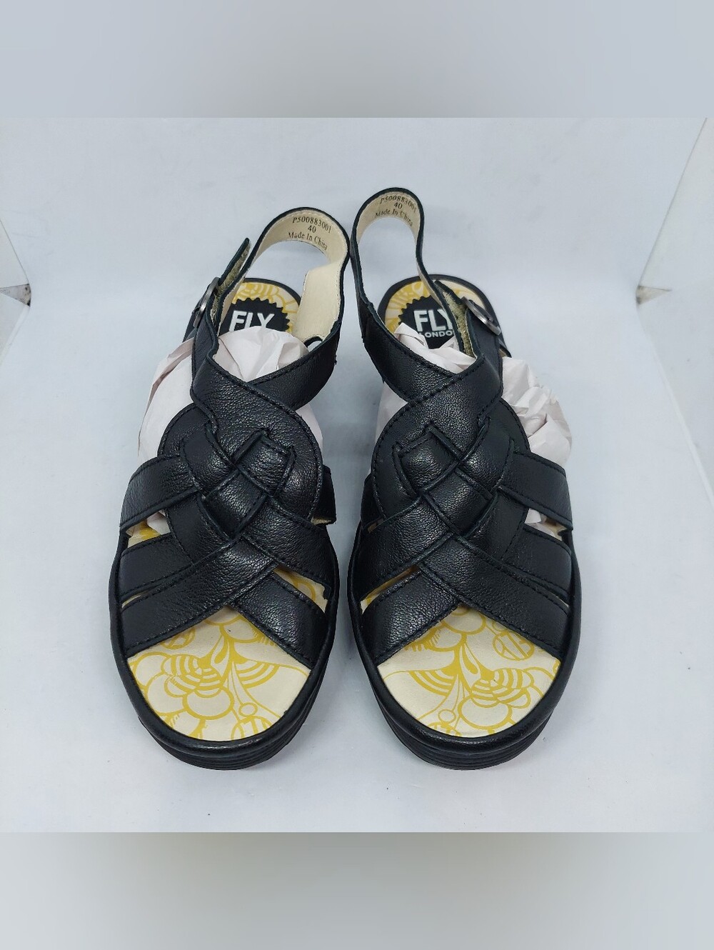 Fly London Rini Wedge Sandals Black Leather Braided Women Sz 40 US 9-9.5 Chunky